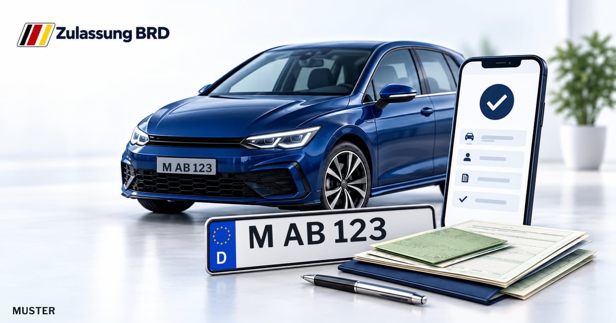Online Fahrzeugzulassung in Haar: Musterkennzeichen M AB 123, Auto und Fahrzeugpapiere und Smartphone. Illustration mit Logo von Zulassung BRD.